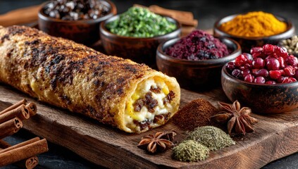 Delicious rolled pastry filled with sweet ingredients, surrounded by an array of vibrant spices and herbs on a rustic wooden board, showcasing culinary artistry and flavor diversity