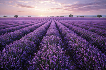 Obraz premium Purple lavender flowers blooming in a wide agricultural field