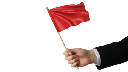Hand holding red flag isolated on white background
