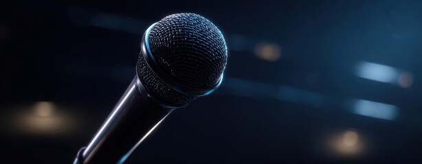 The Microphone on a Dark Stage with Cinematic Blue Spotlight and Shallow Focus