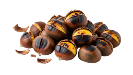 A pile of perfectly roasted chestnuts with their skins peeled back to reveal the golden-brown flesh is ready to be enjoyed as a warm and comforting treat on a cold day