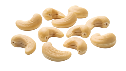 A collection of light beige, curved cashew nuts scattered across a transparent checkered background, offering a healthy and delicious snack option with a satisfying crunch, isolated for design use
