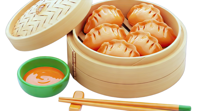 Steamed Dumplings in Bamboo Steamer with Sauce and Chopsticks - Powered by Adobe