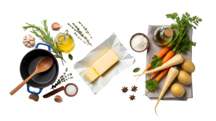 overhead view of cooking ingredients, vegetables, herbs, spices, butter, oil, flour, salt, garlic and carrots arranged neatly