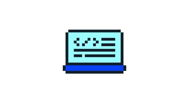 8-bit pixel art blue coding text on laptop icon. looped animation 4k 30fps