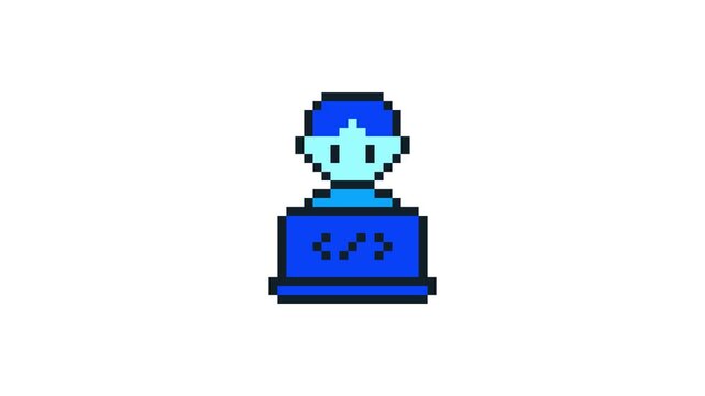 8-bit pixel art blue coding man with laptop. looped animation 4k 30fps