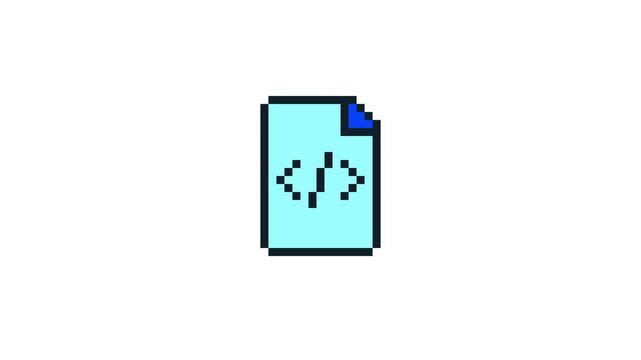 8-bit pixel art blue coding bracket icon on document. looped animation 4k 30fps
