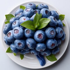 Fresh blueberries on a white plate with green leaves