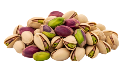 Vibrant and diverse pile of pistachios, featuring both open and closed shells with green and purple kernels, offering a delicious and healthy snack option