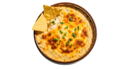 Creamy baked cheese dip in brown bowl with golden tortilla chips, garnished with fresh chives, bubbling hot, savory appetizer, top-down view
