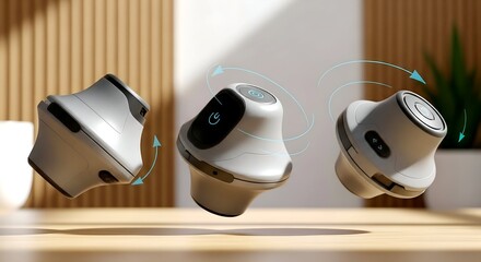 Levitating gray gadgets with blue arrows indicating rotation on