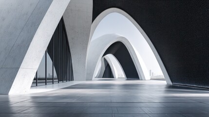 A bold modern building contrasts smooth white concrete arcs with black jagged panels producing dynamic structural interplay Shadows