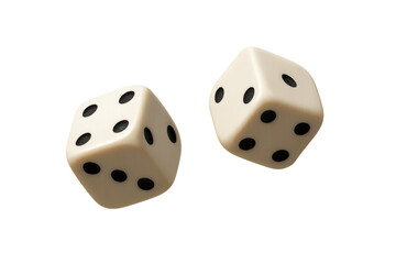 Pair of ivory dice flying and showing numbers on a transparent background, concept of gambling, game, chance, luck, and probability