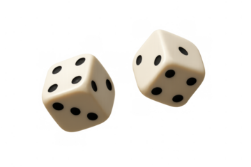 Pair of ivory dice flying and showing numbers on a transparent background, concept of gambling, game, chance, luck, and probability