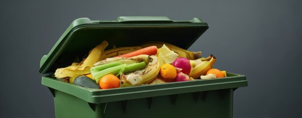 The green compost bin overflowing with colorful fruit and vegetable kitchen scraps