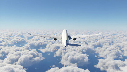 White Airplane Airbus A350 Modern Passenger Jet Plane Flying Above the Clouds with Blue Sky rear back view