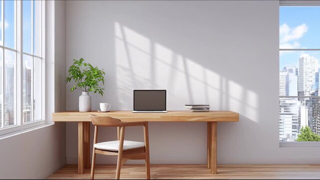 Modern Minimalist Home Office Workspace with Laptop and City View Zoom In