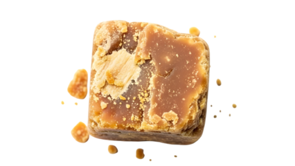 A dynamic shot of a panela sugar block suspended in mid-air, with scattered crumbs and pieces, emphasizing its raw, natural form and delightful golden-brown texture