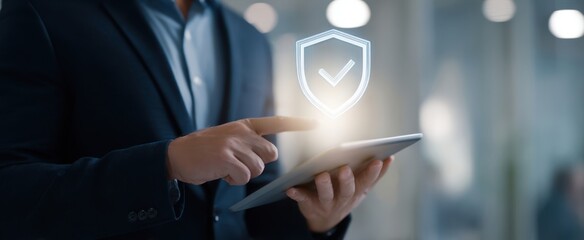 The Tablet Displaying a Holographic Shield Icon Representing Business Cybersecurity and Data Protection