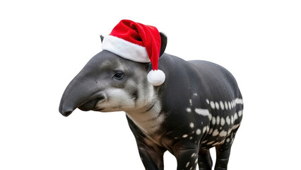 Malayan Tapir Wearing Red Santa Hat for Christmas Holiday isolated PNG with Transparent Background