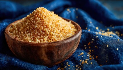 Brown sugar in a wooden bowl sits atop a textured blue fabric, showcasing the natural granules and rich color, creating a warm and inviting culinary atmosphere