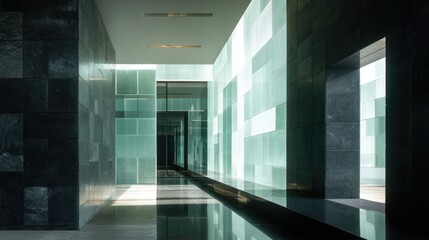 A bold pavilion integrates luminous frosted glass prisms with solid black stone walls emphasizing contrast Shadows fall sharply