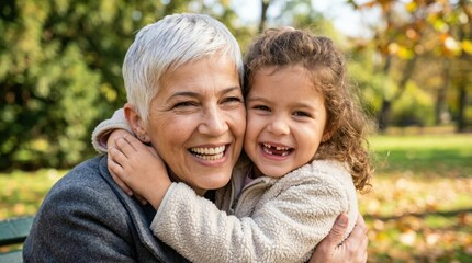 Grandma Stock Photo Featuring Close Up Portrait of Happy Grandmother Hugging Grandchild in Outdoor Setting
