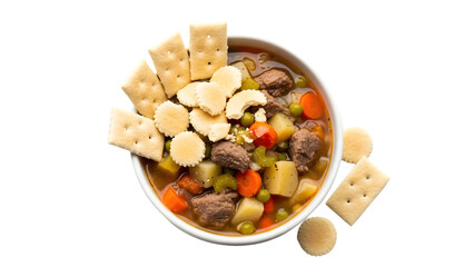 Hearty beef vegetable soup with crackers isolated on transparent background warm and comforting meal for cold weather savory broth loaded with tender meat and fresh garden vegetables delicious dish