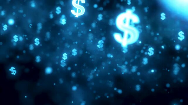 Floating blue dollar symbols scattered in dark digital space with glowing particles and depth effect