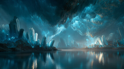 Massive underground crystal cavern glowing with refracted light, reflective surfaces, cool tones