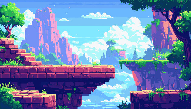 Pixel Art Fantasy Platformer Game Background with Floating Cliffs
