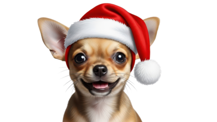 Cute Happy Chihuahua Dog Wearing Red Santa Hat for Christmas Holiday isolated PNG with Transparent Background