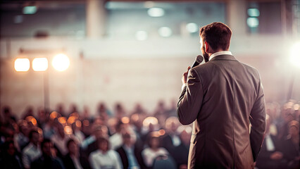 Back view of motivational speaker on stage concept. A speaker presents ideas to a captivated corporate audience.