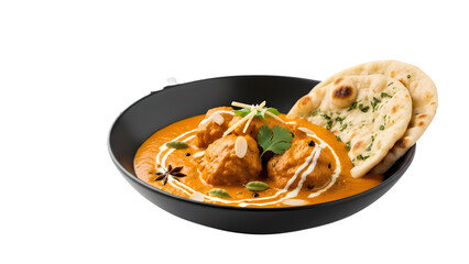Creamy chicken kofta curry with naan bread, star anise, cardamom pods