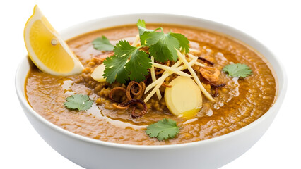Traditional haleem stew topped with fresh ginger, cilantro, fried onions, lemon
