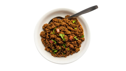 Keema matar spicy minced meat with peas and spices in white bowl