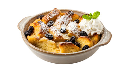 Bread pudding with raisins, powdered sugar and whipped cream