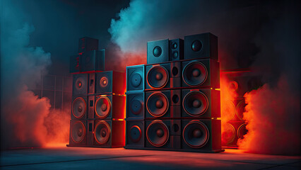 Studio background with smoke and music speaker concept. A dramatic scene featuring towering speakers in smoky ambiance.