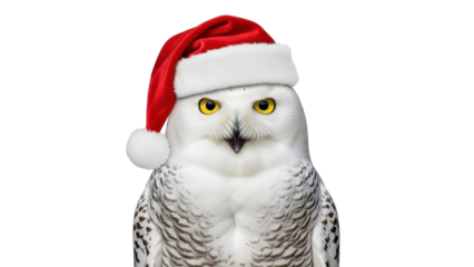 Cute White Snowy Owl Wearing a Red Santa Hat for Christmas Holidays isolated PNG with Transparent Background