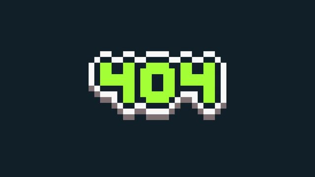 8-bit pixel art green 404 error text on black background. looped animation 4k 30fps