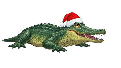 Fototapeta premium Green Alligator wearing Red Santa Hat Isolated Christmas Illustration isolated PNG with Transparent Background