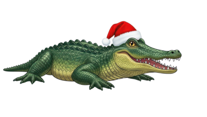 Green Alligator wearing Red Santa Hat Isolated Christmas Illustration isolated PNG with Transparent Background
