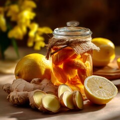 Ginger and lemon infused honey in a rustic glass jar