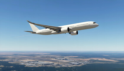 White Airplane Airbus A350 Modern Passenger Jet Plane Flying Above the Island with Blue Sky in the Background side view low angle