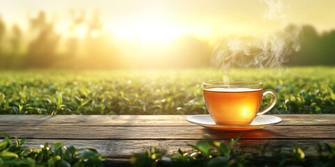 A peaceful morning scene featuring a cup of hot tea placed on a wooden table overlooking a lush green tea plantation. Warm sunrise light fills the landscape with soft golden tones