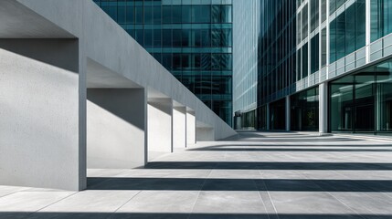 A bold skyscraper integrates smooth white concrete slabs with glossy reflective glass emphasizing structural duality Shadows fall sharply