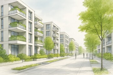 Eco-friendly residential neighborhood with modern green buildings and lush urban landscaping along a pedestrian street under soft daylight. Ai generative