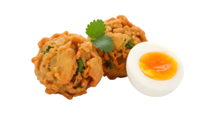 Indian pakora fritters with soft boiled egg and garnish