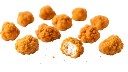 Crispy golden popcorn chicken pieces with one piece bitten