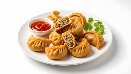 Delicious fried momos on white plate with red dipping sauce